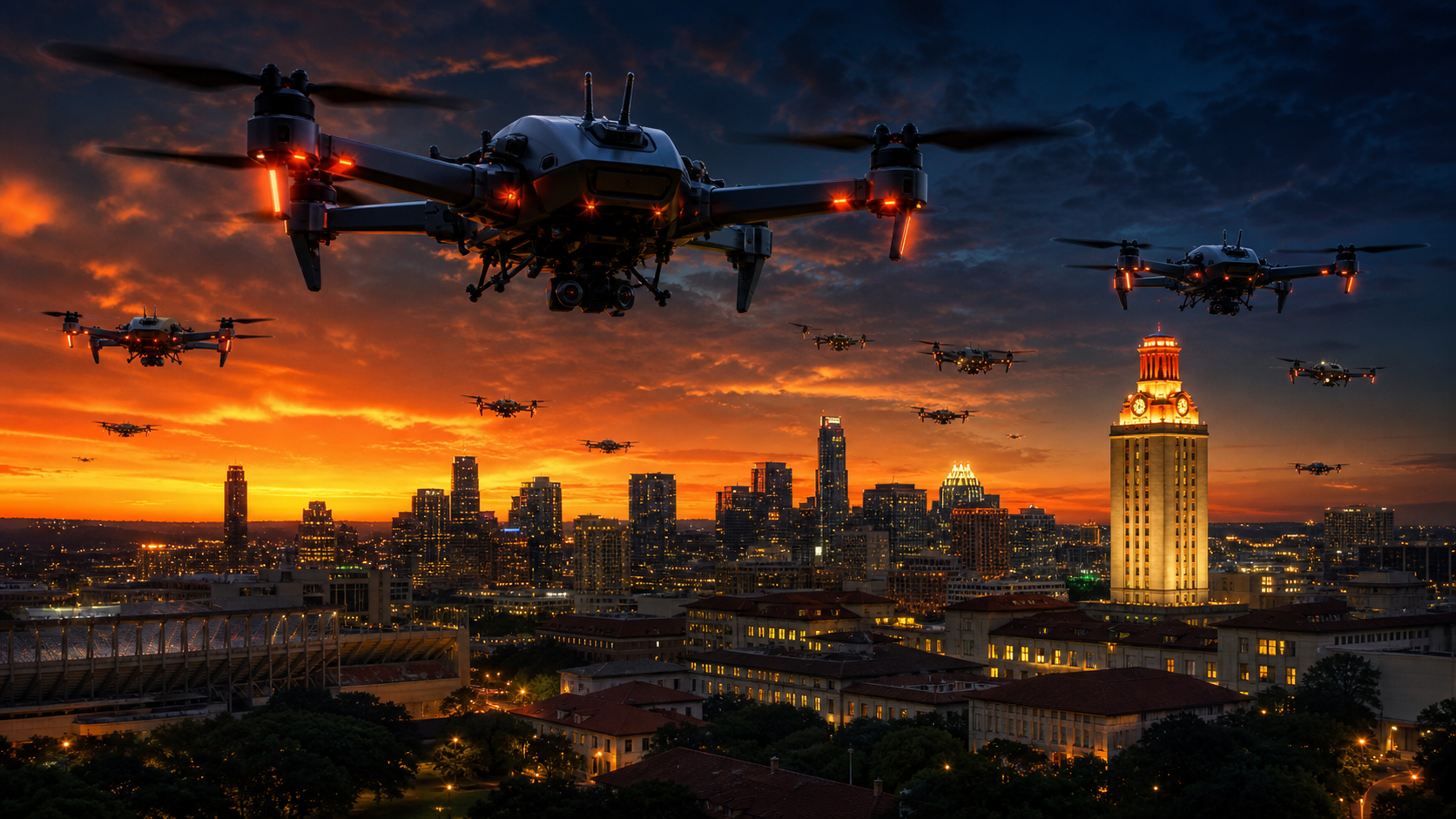 Drones over Austin skyline at dusk — DRON8 Summit 2026