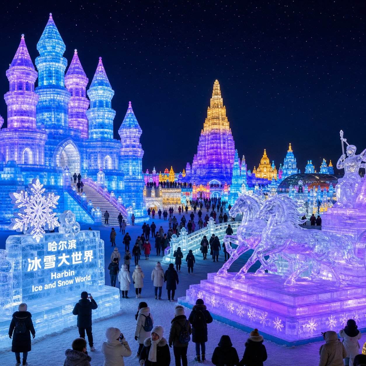 Harbin Ice and Snow World di notte con sculture di ghiaccio illuminate