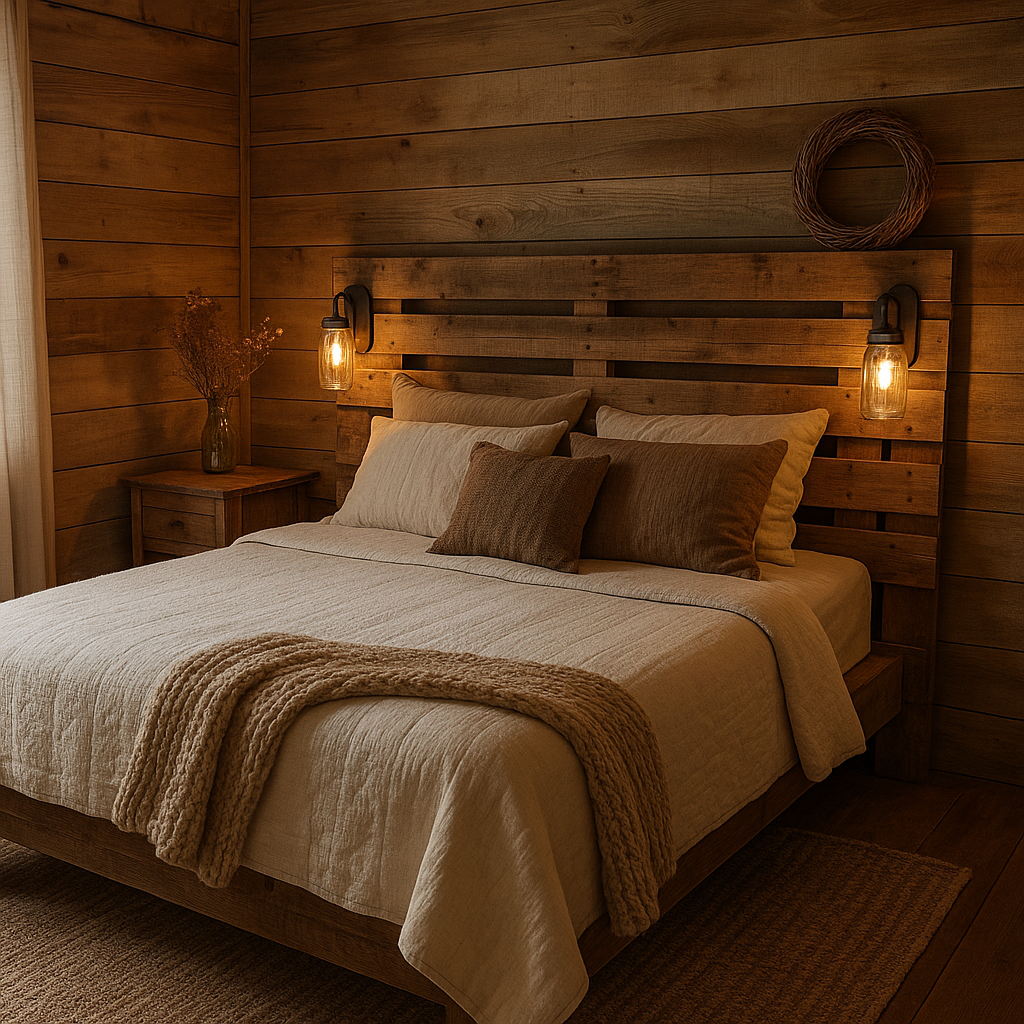 Dormitorio con cabecero DIY de madera reciclada