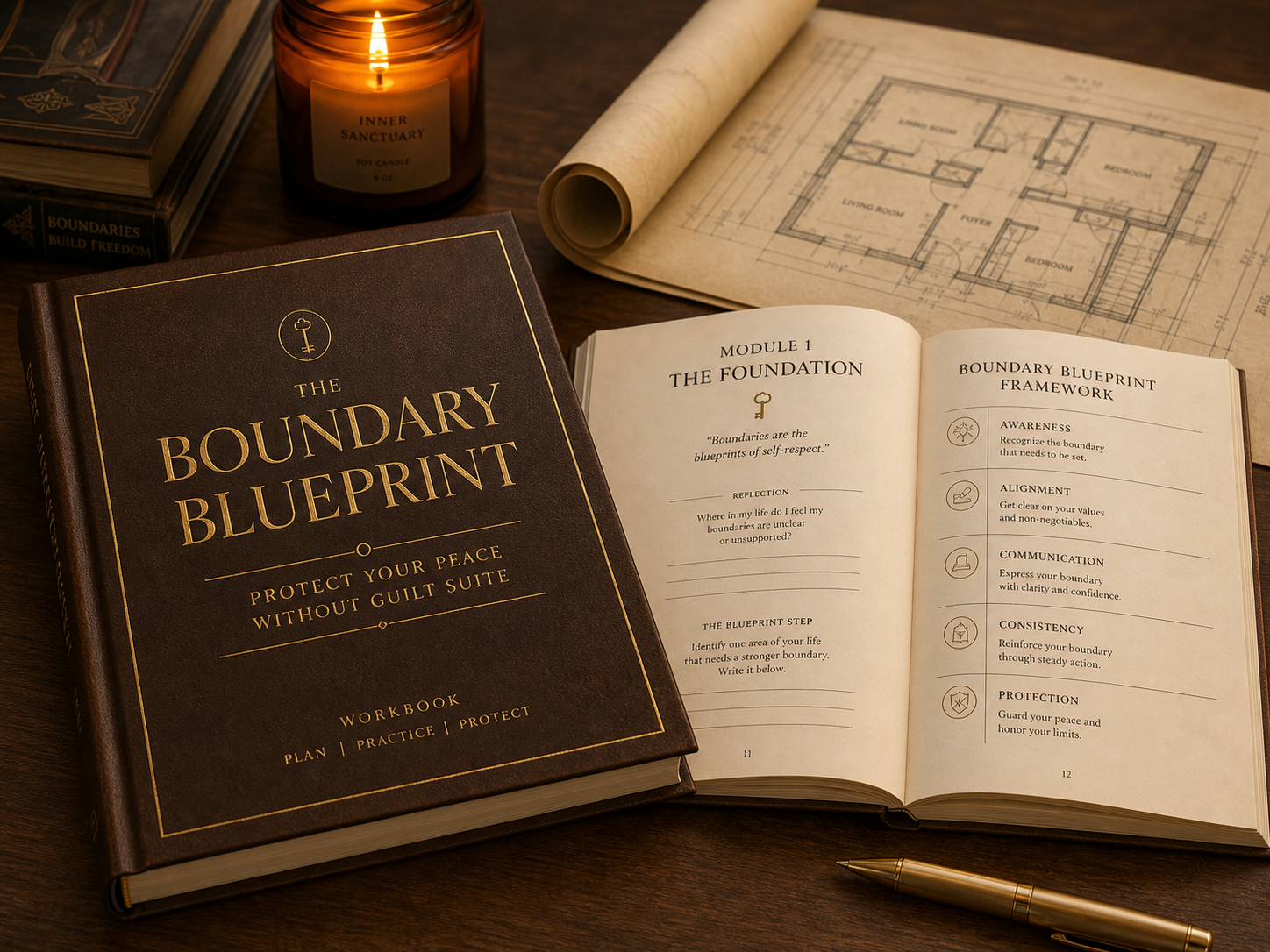 Gold foil hardcover workbook beside an architectural blueprint scroll with warm candlelight representing The Boundary Blueprint
