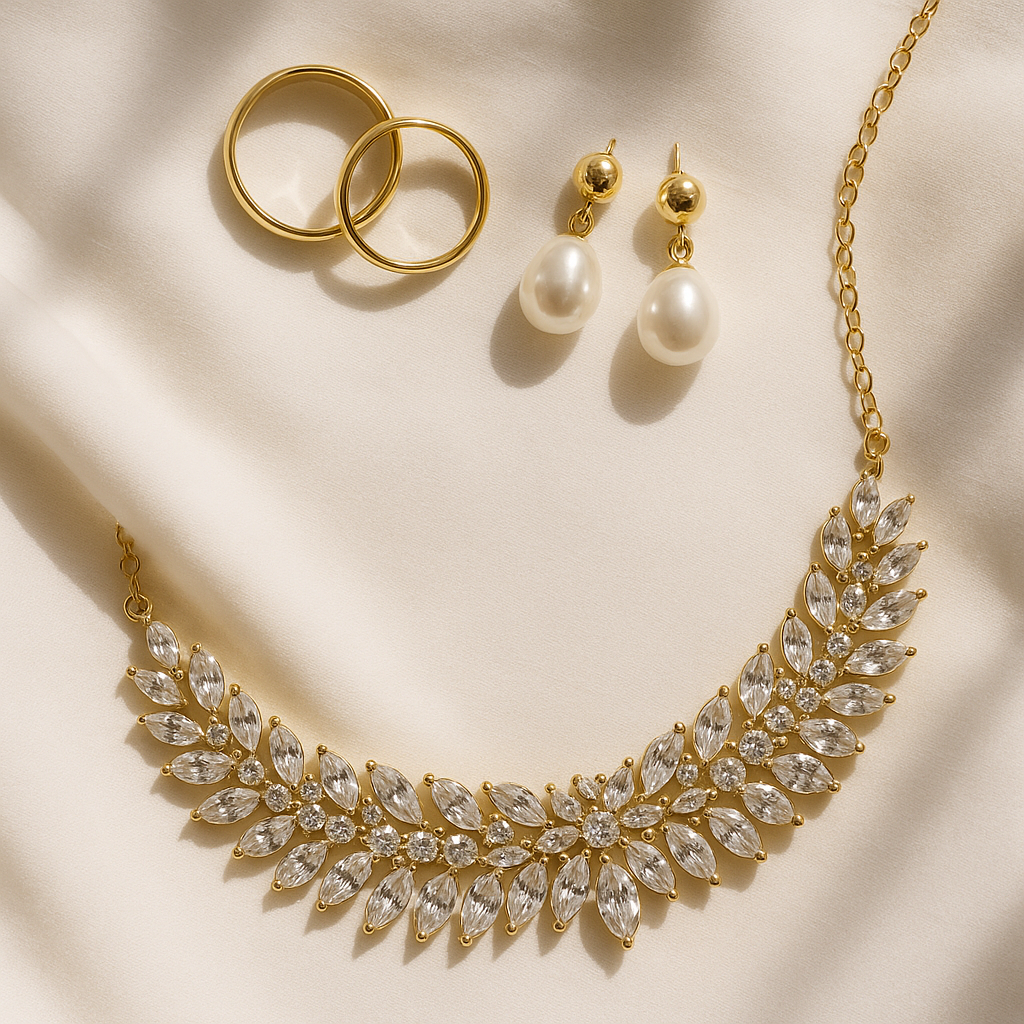 Wedding jewelry essentials flatlay with elegant bridal accessories