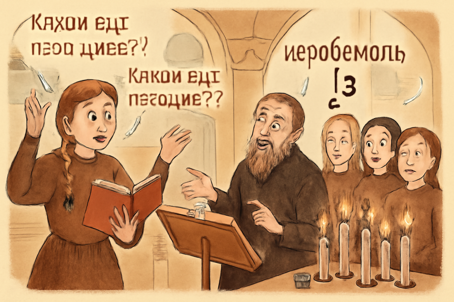Illustration of a seminary daughter rehearsal with musical note confusion and quirky candles.