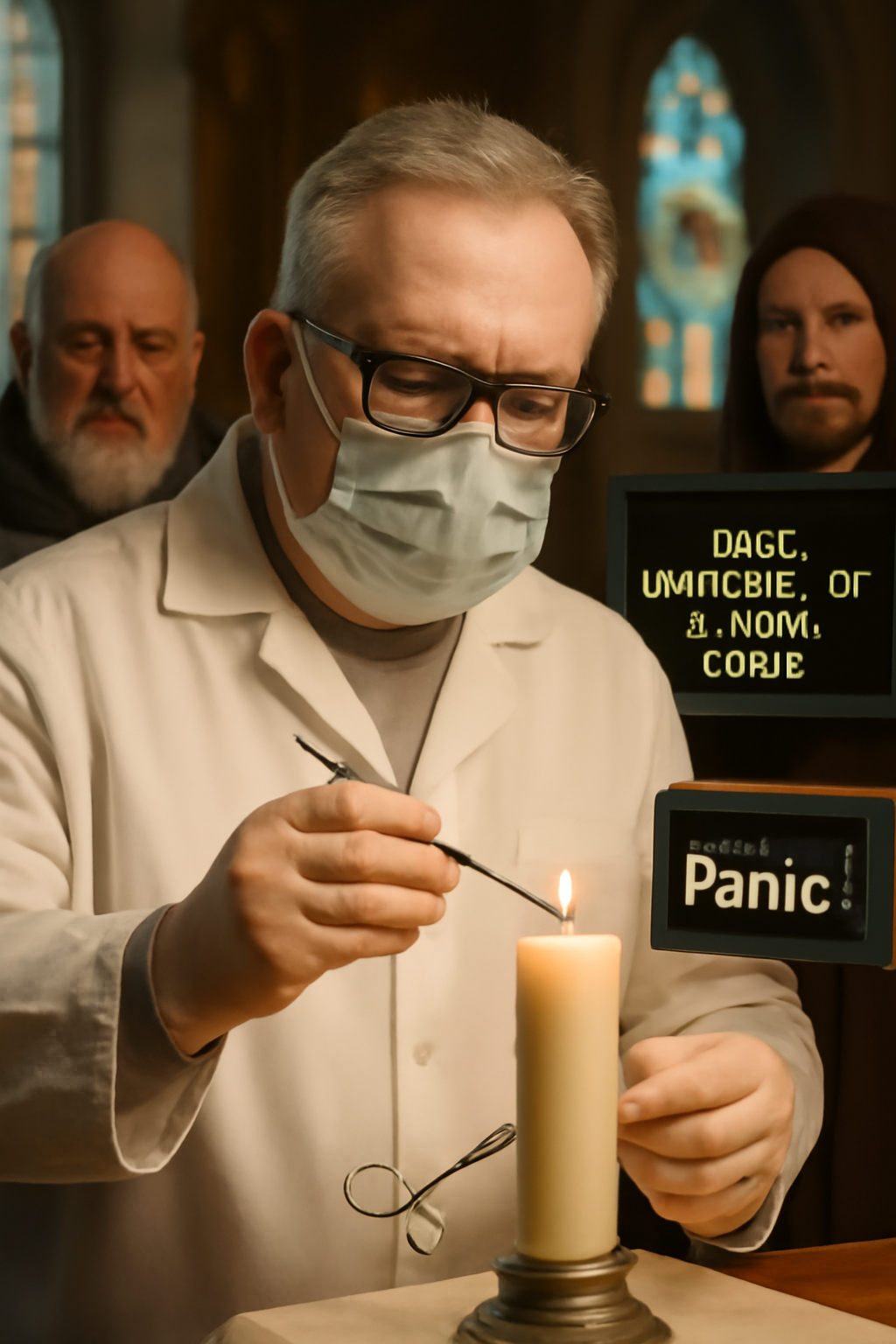Ultra-realistic photo of Mauser as a surgeon centering a candle wick in a church with solemn assistants and a panic display.
