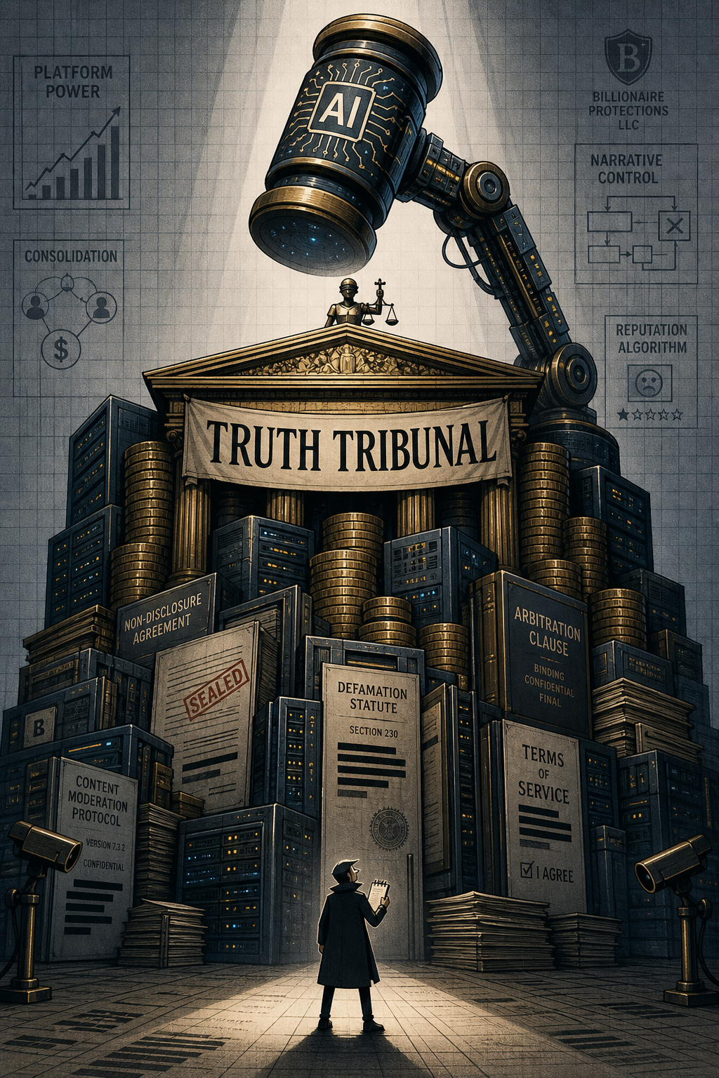 Satirical illustration: a towering AI courthouse looms over a journalist