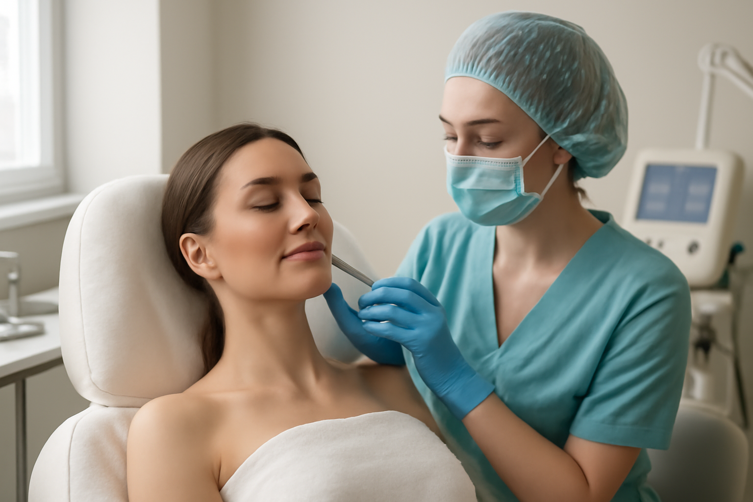 Photorealistic image of a biorevitalization procedure in a modern aesthetic clinic in Moscow.