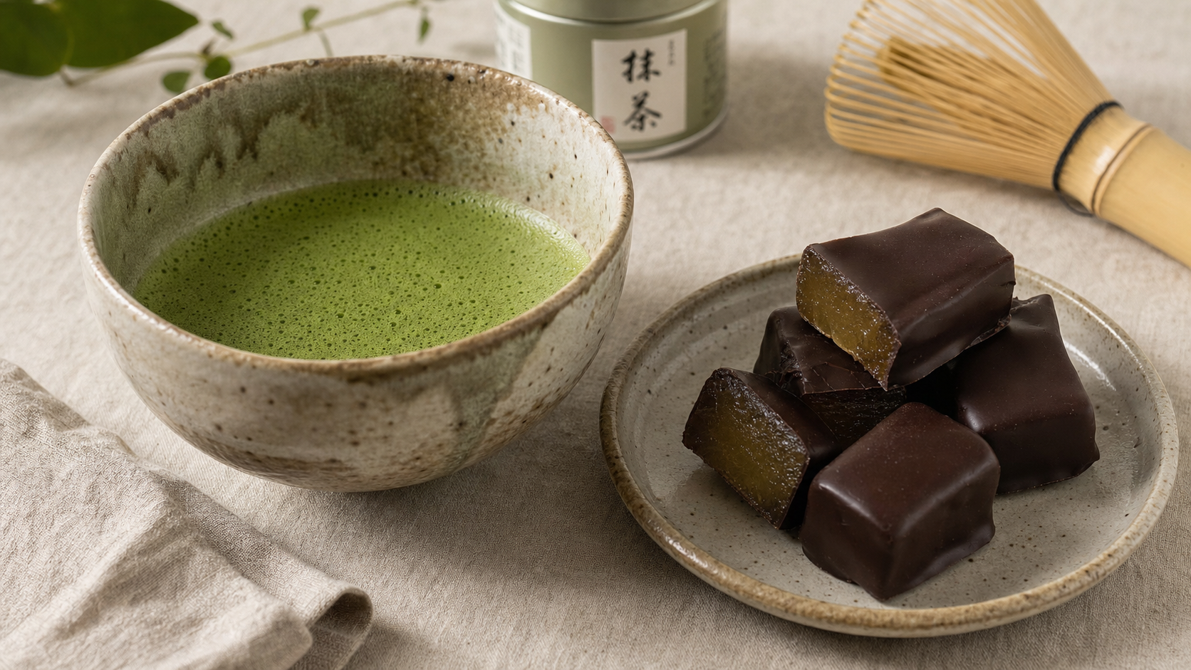 Ceremonial matcha with dark chocolate ginger pieces