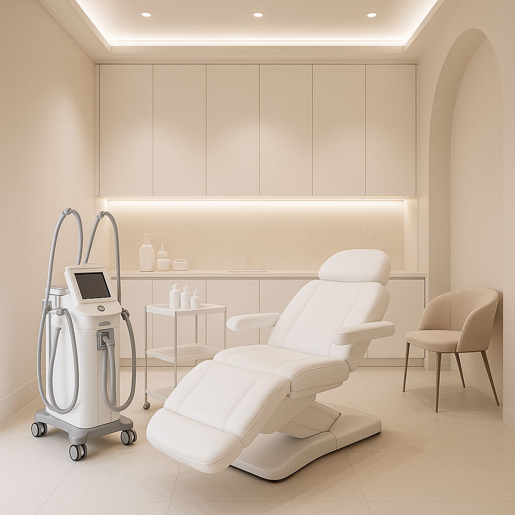 Consultório de estética moderno com design minimalista e equipamentos premium