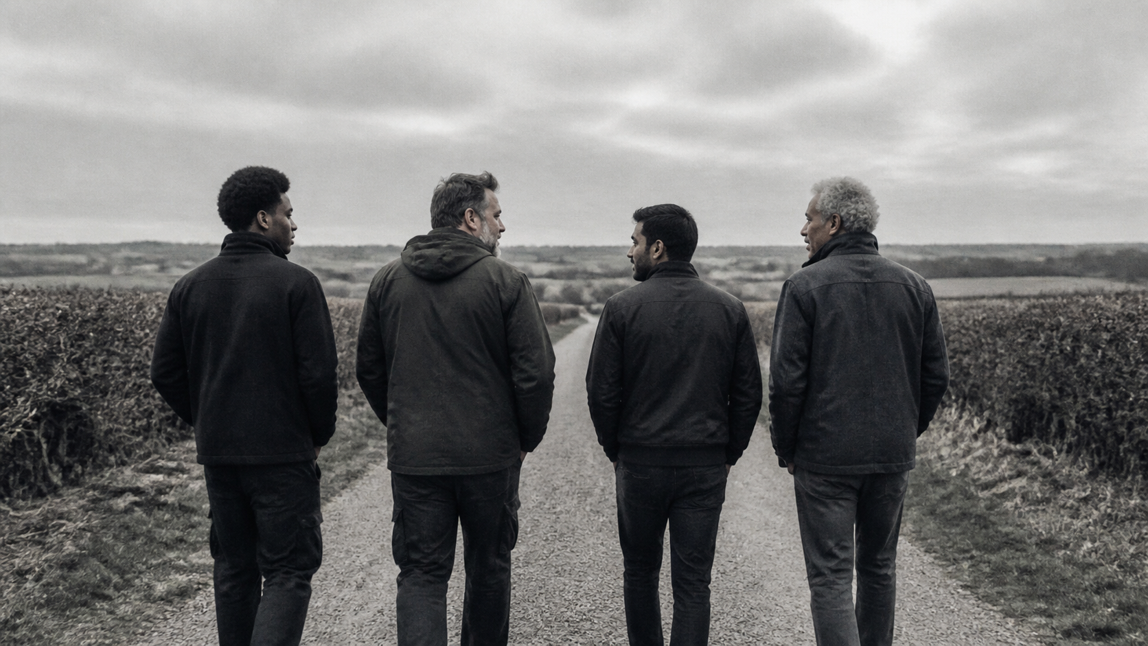 A diverse group of men walking together along a British country path, in easy conversation
