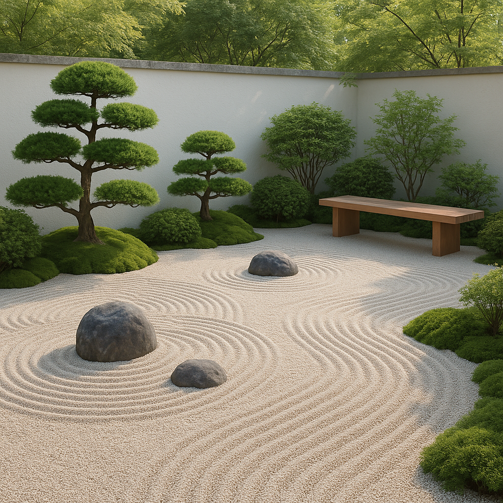 Jardín zen con plantas organizadas en espacio minimalista