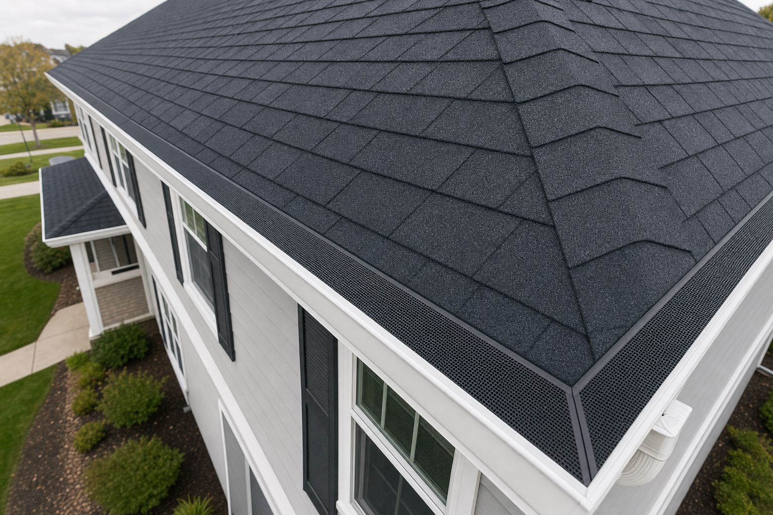 Top-down view of micro-mesh gutter guard installed on the corner roofline of a two-story home