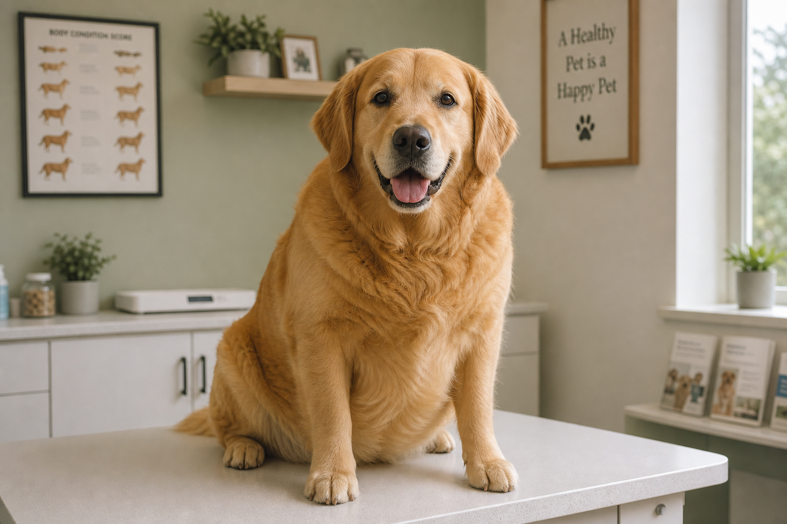A golden retriever sitting on a vet examination table, looking healthy and content