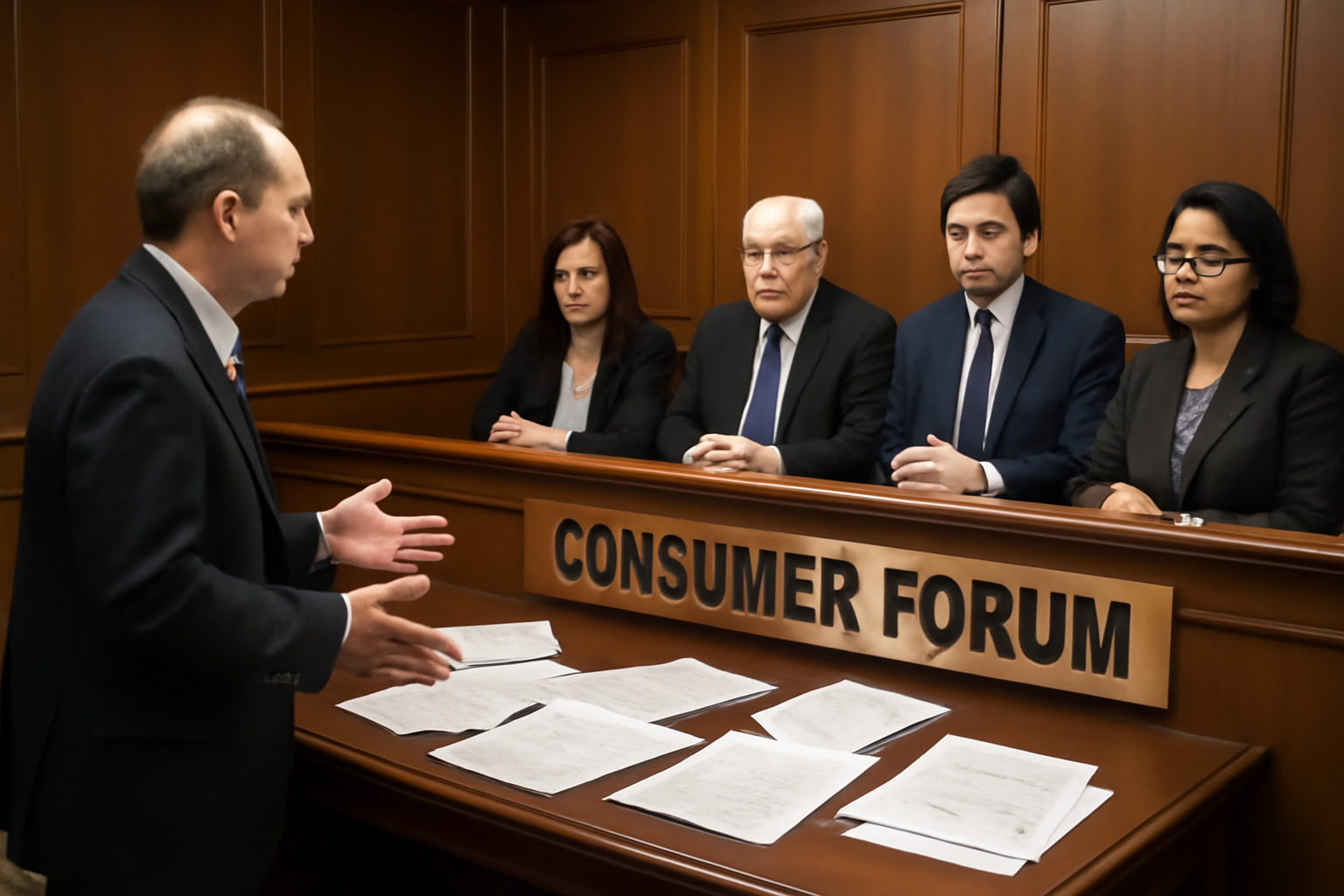 Consumer forum office scene in courtroom style at 889x559.