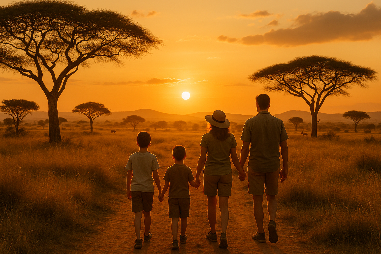 Family connecting on safari adventure in Kenya at golden hour