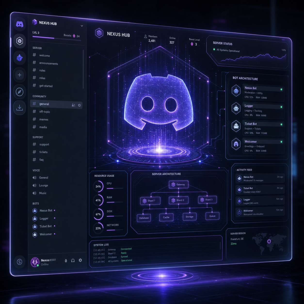 Holographic Discord bot server architecture illustration