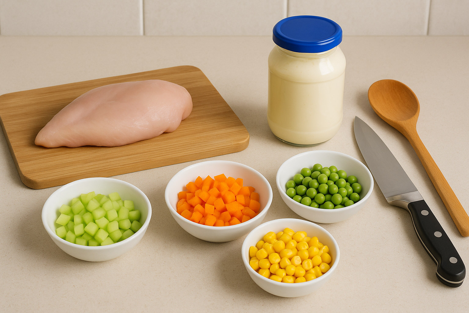 Ingredientes organizados para preparo do salpicão de frango passo a passo