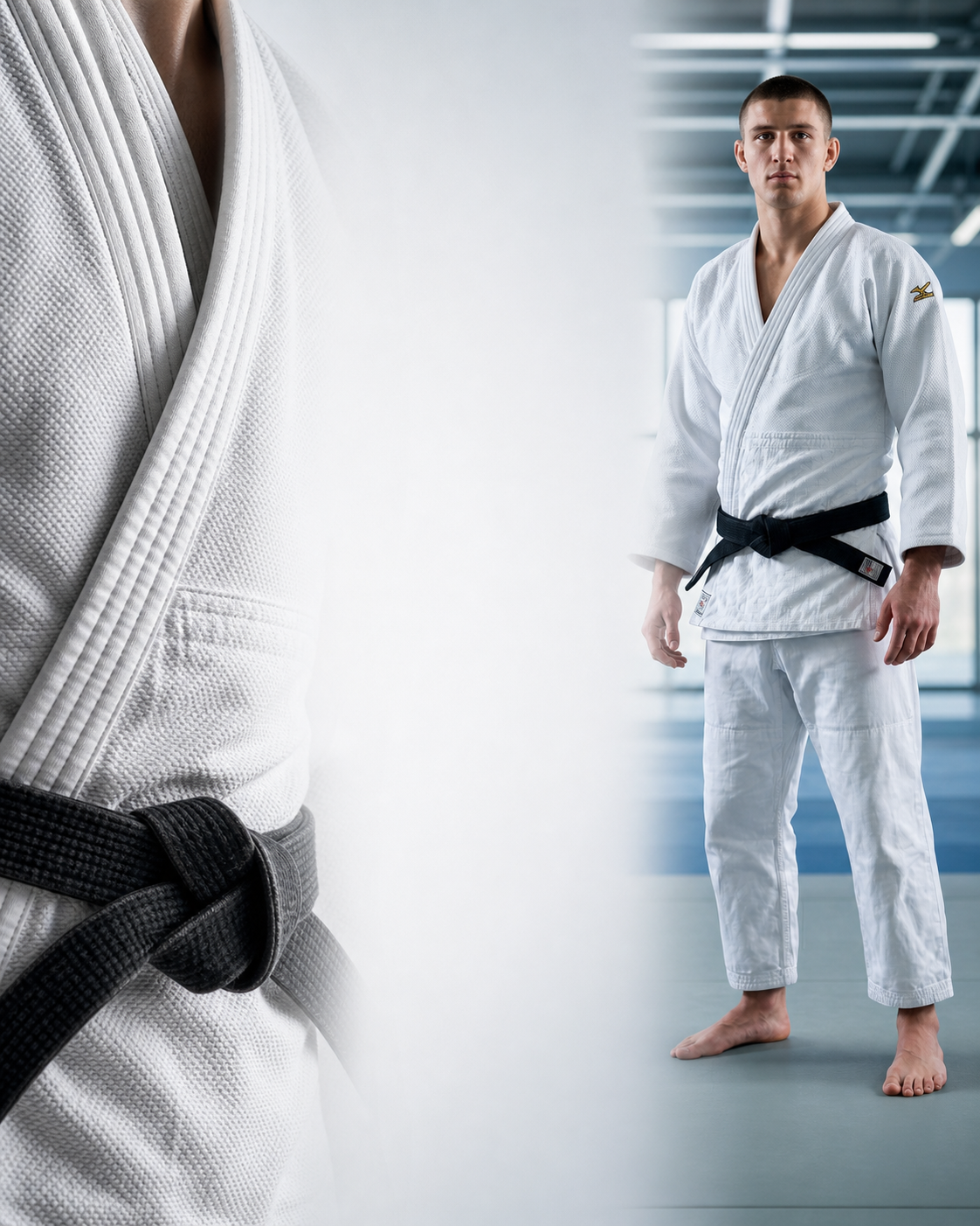 Fotorealistisches Hero-Motiv mit Judogi-Nahaufnahme und Judoka im modernen Dojo