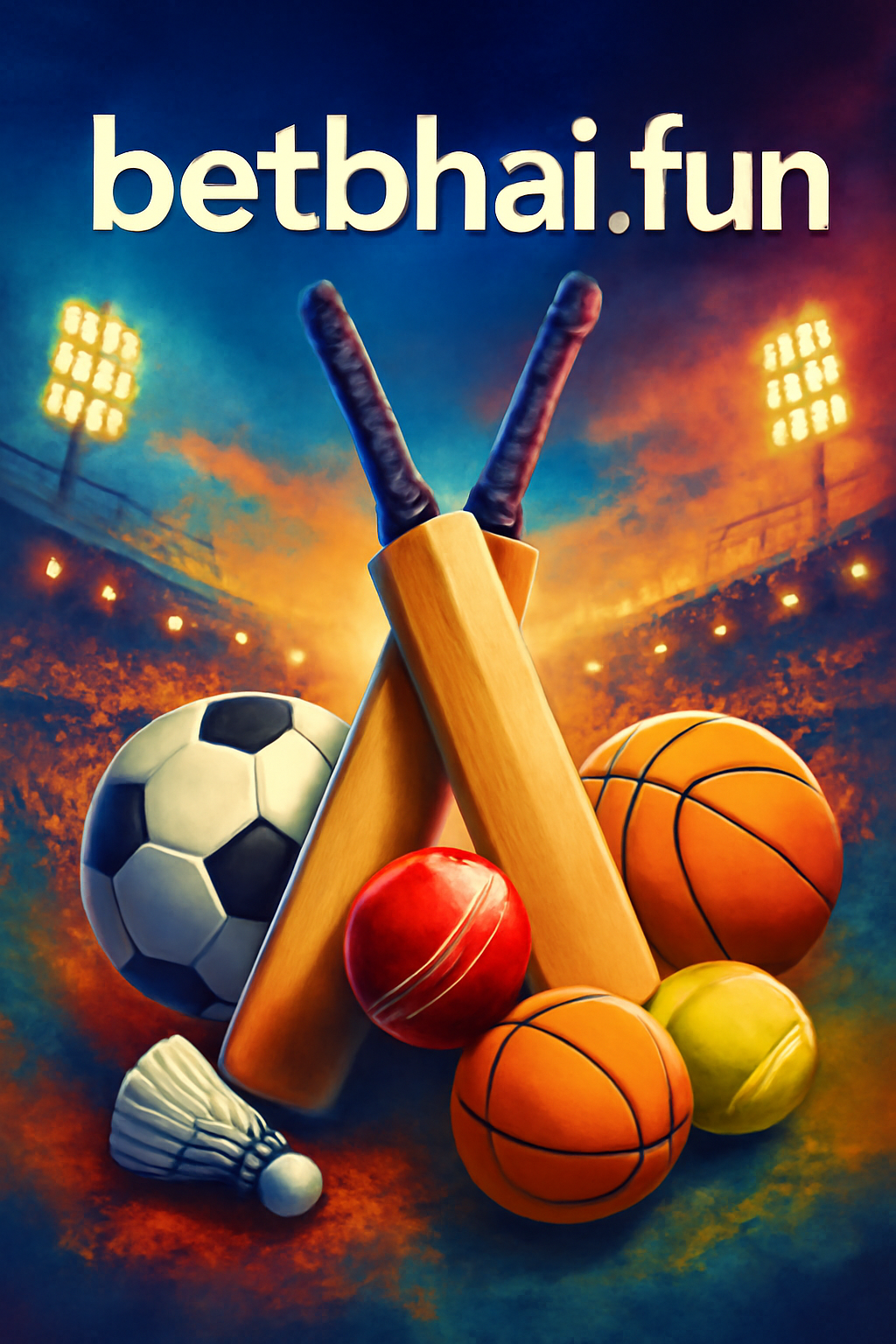 Sports-style ad poster for betbhai.fun with sports equipment and community background