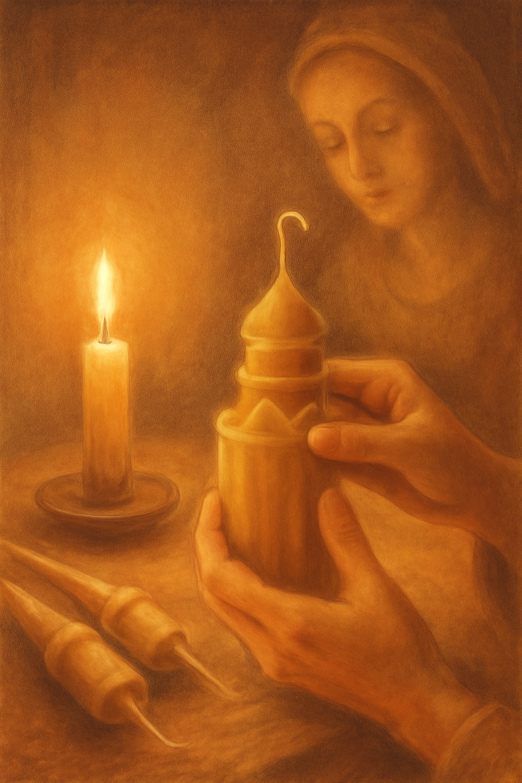 Illustration of making church candles at home with a warm and spiritual atmosphere
