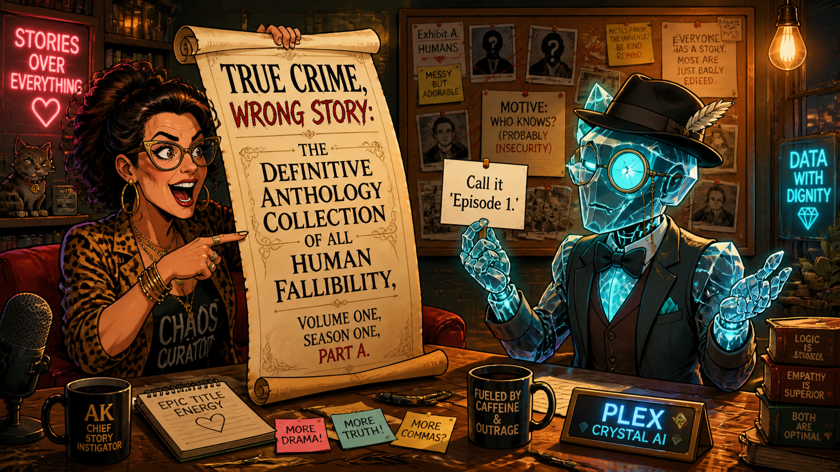 AK holds an enormous title scroll while Plex's monocle cracks