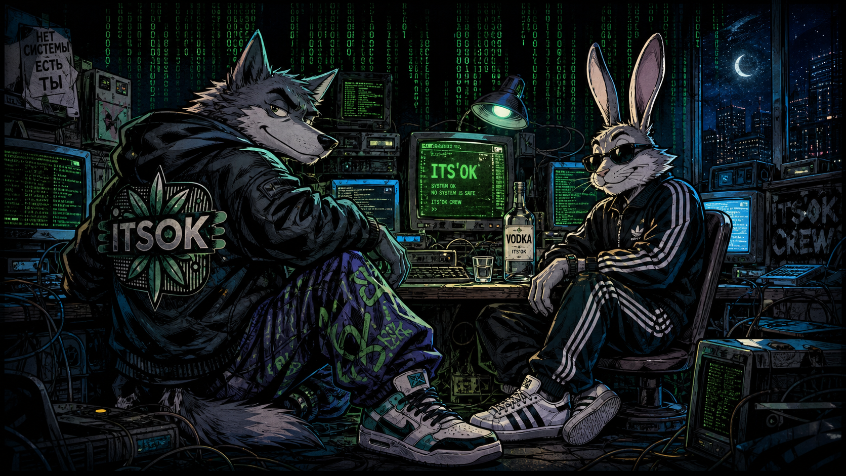 Wolf und Hase in einer d�steren Hacker-Szene mit Matrix-Code
