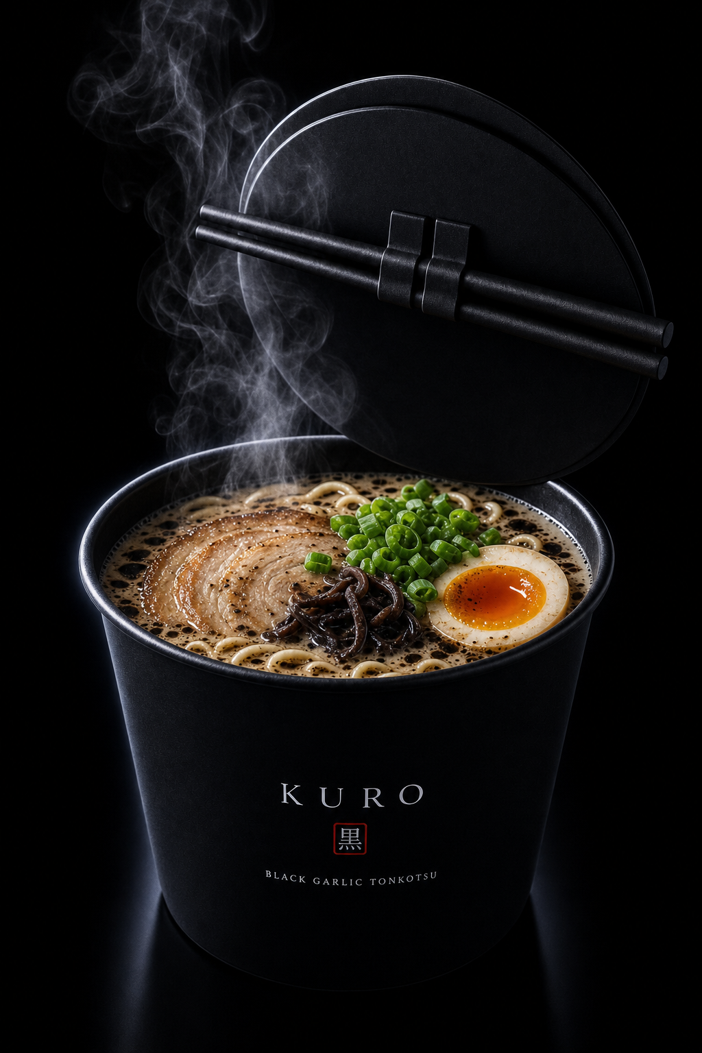 Kuro Black Garlic Tonkotsu black cup open with matte black chopsticks