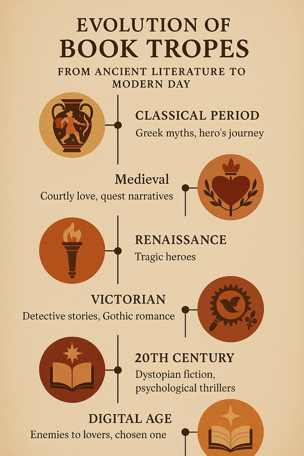 Timeline infographic showing the historical evolution of popular book tropes