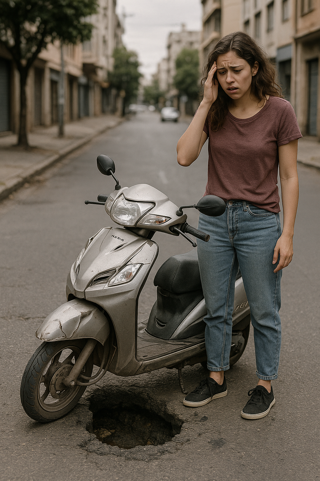 Girl struggling with broken Activa scooter that won't start