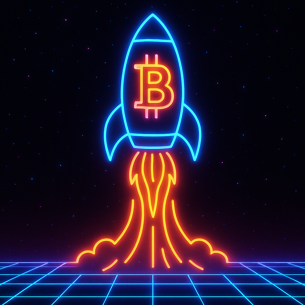 Биткоин: продолжится ли рост? Прогноз криптовалют Neon-style Bitcoin rocket blasting off