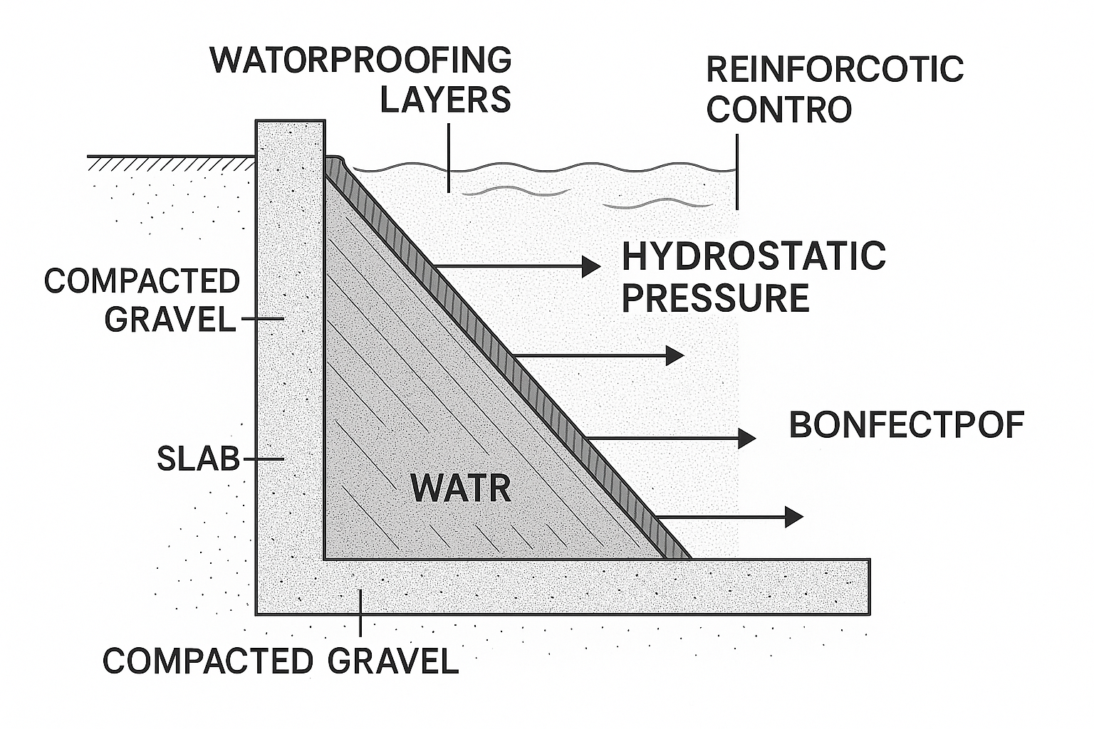 Diagrama técnico da impermeabilização de parede de reservatório com pressão hidrostática
