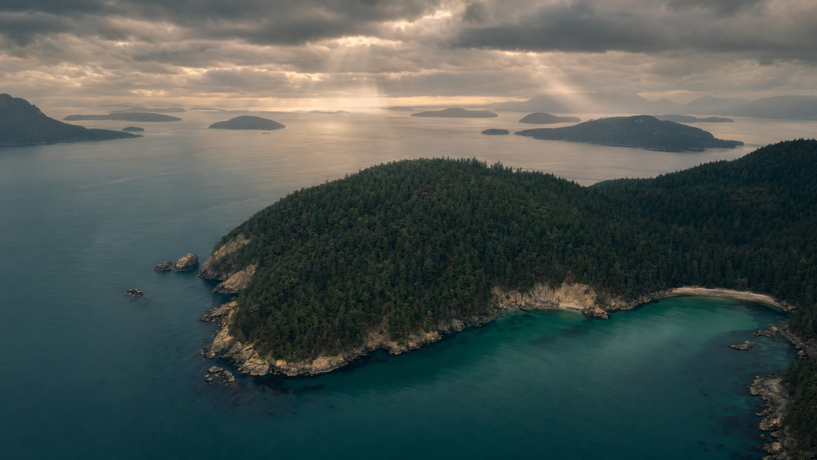 San Juan Islands aerial view at dusk