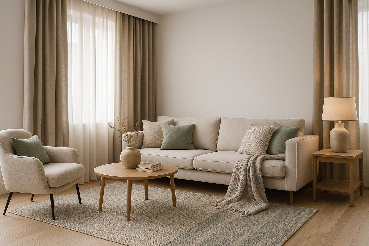 Sala de estar moderna con cortinas y textiles elegantes para decoración