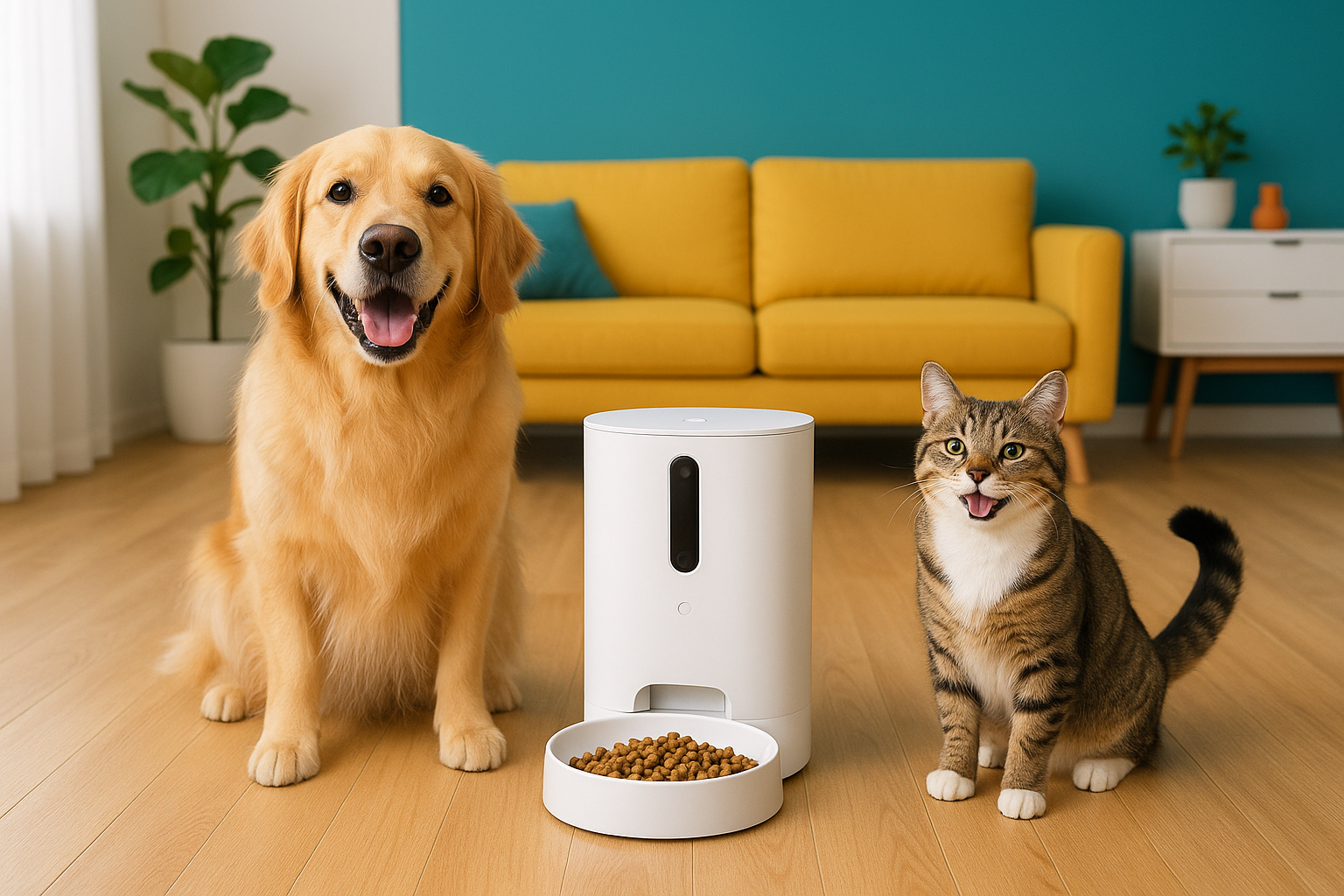cão e gato utilizando comedouro automático inteligente