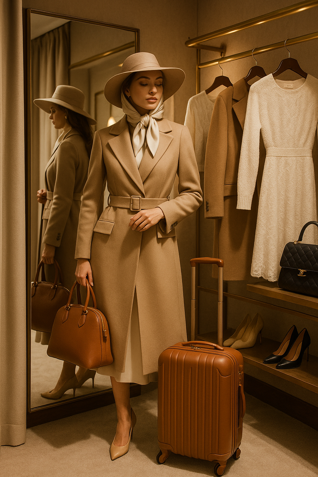 Elegant woman modeling luxury travel fashion in a boutique setting