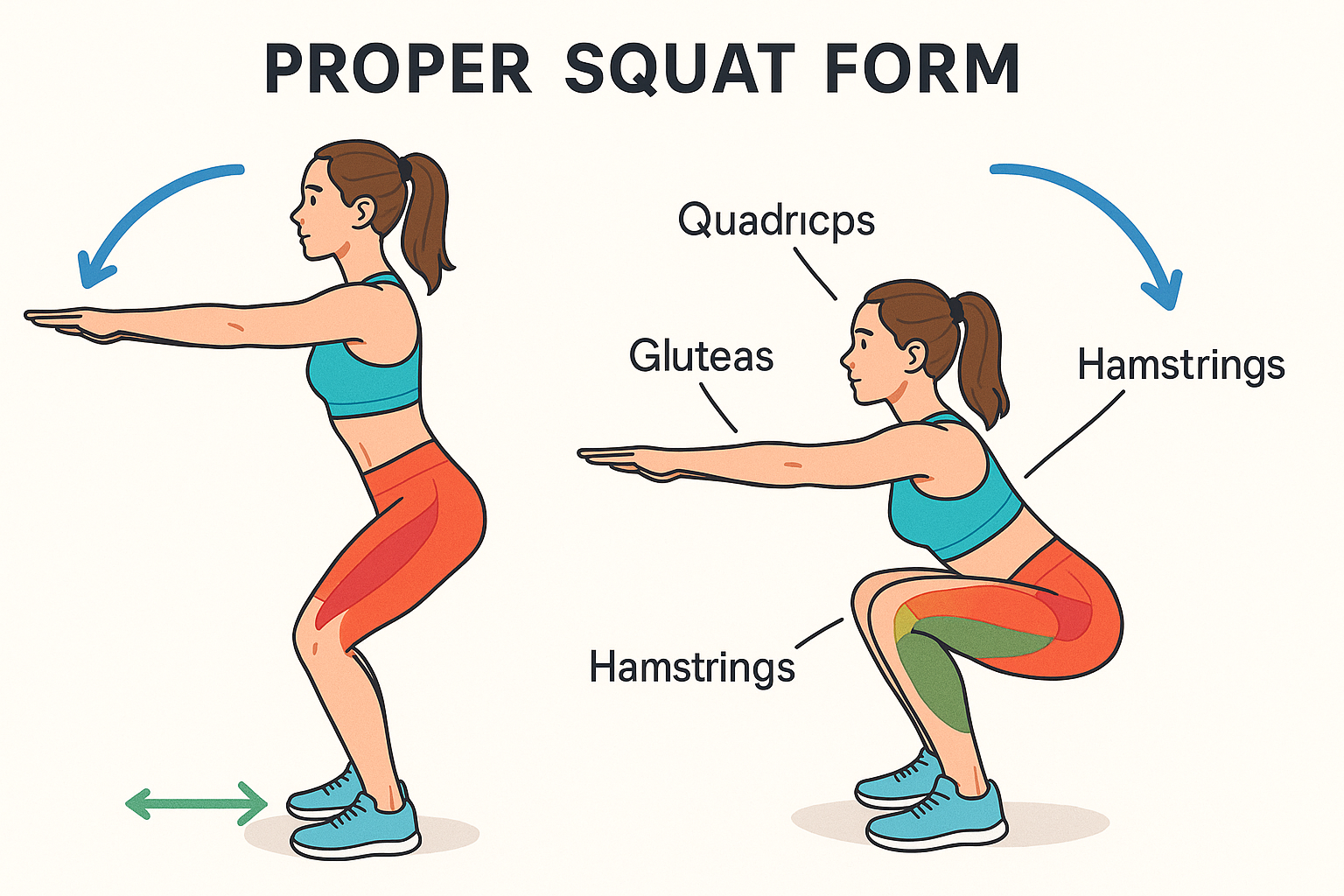 Colorful exercise diagram showing proper squat technique with visual guides