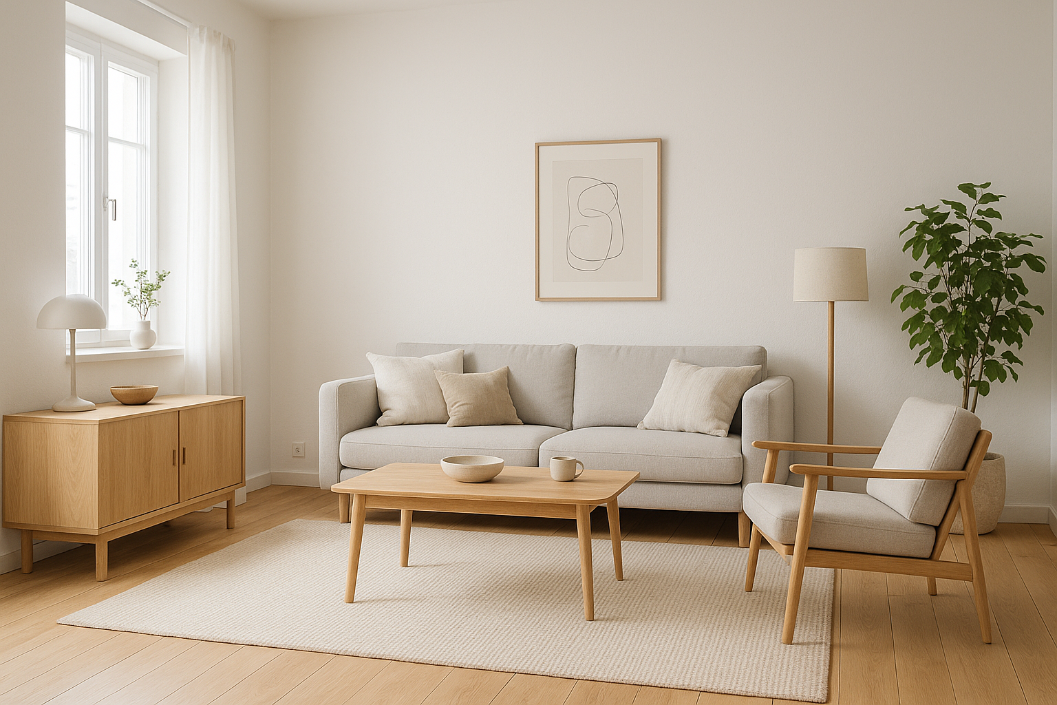 Sal\u00f3n n\u00f3rdico con paredes blancas y muebles de madera