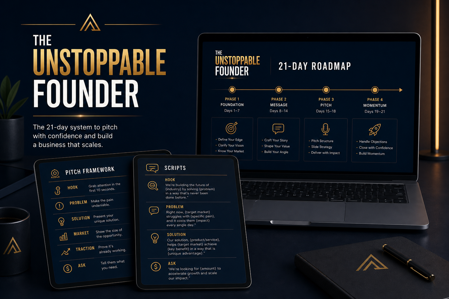 Mockup of the blueprint and PDF guides for The Unstoppable Founder