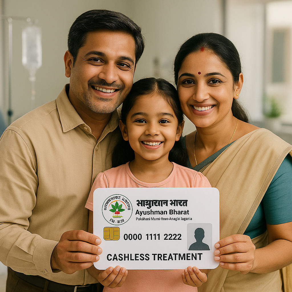 Indian family using Ayushman Bharat PMJAY card for cashless hospital treatment