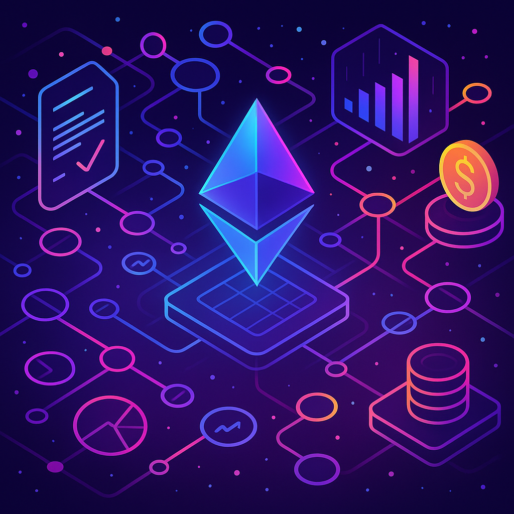 Illustration moderne du réseau Ethereum avec smart contracts et DeFi