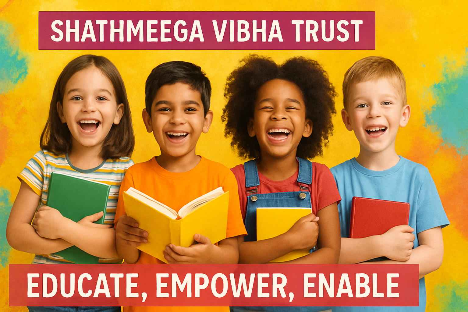 Banner for Shathmeega Vibha Trust: happy children, books, vibrant colors