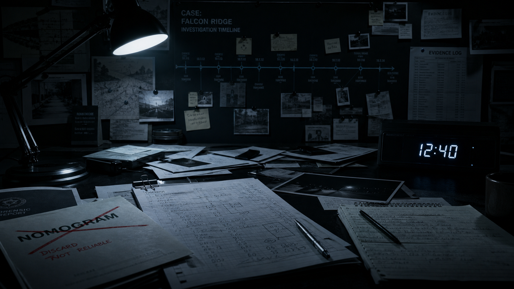 Forensic documents and a clock frozen at 12:40 on a dark desk — investigative atmosphere