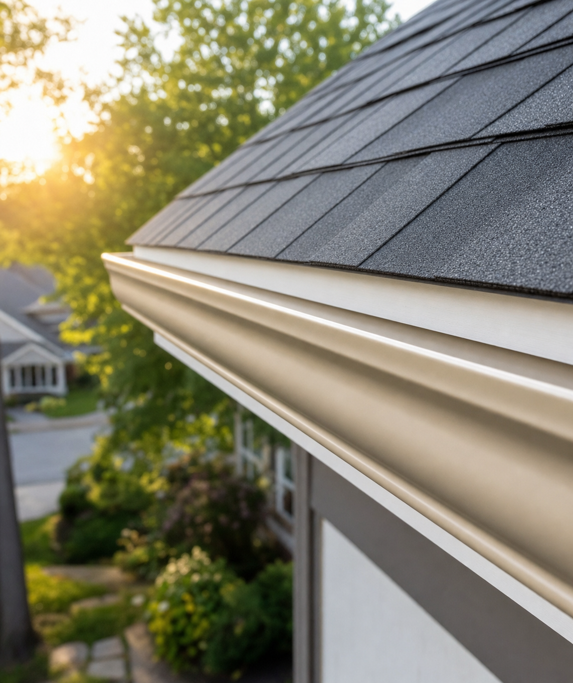 Freshly installed seamless K-style aluminum gutter running along a residential roofline in golden hour light
