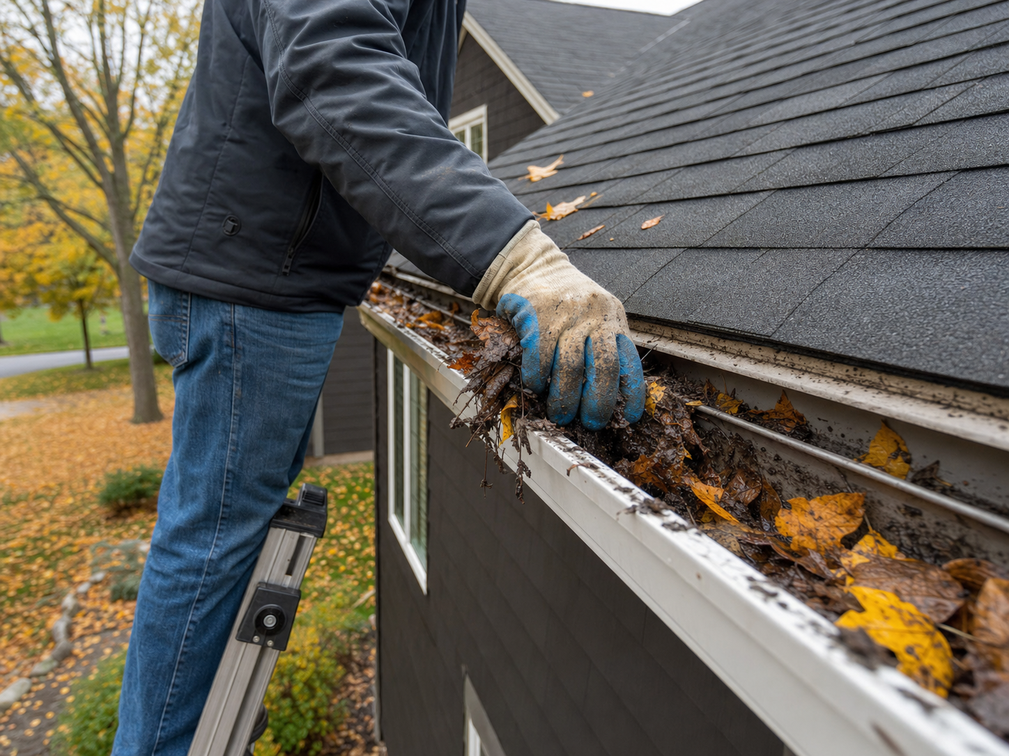 Professional gutter cleaning service — removing debris from residential gutters