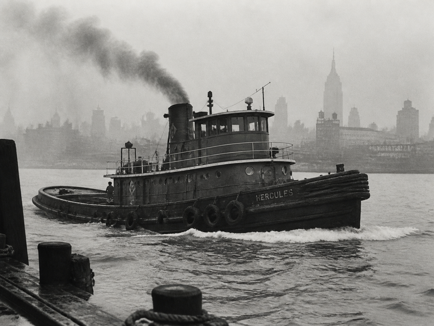 Vintage tugboat pulling away from a crowded dock