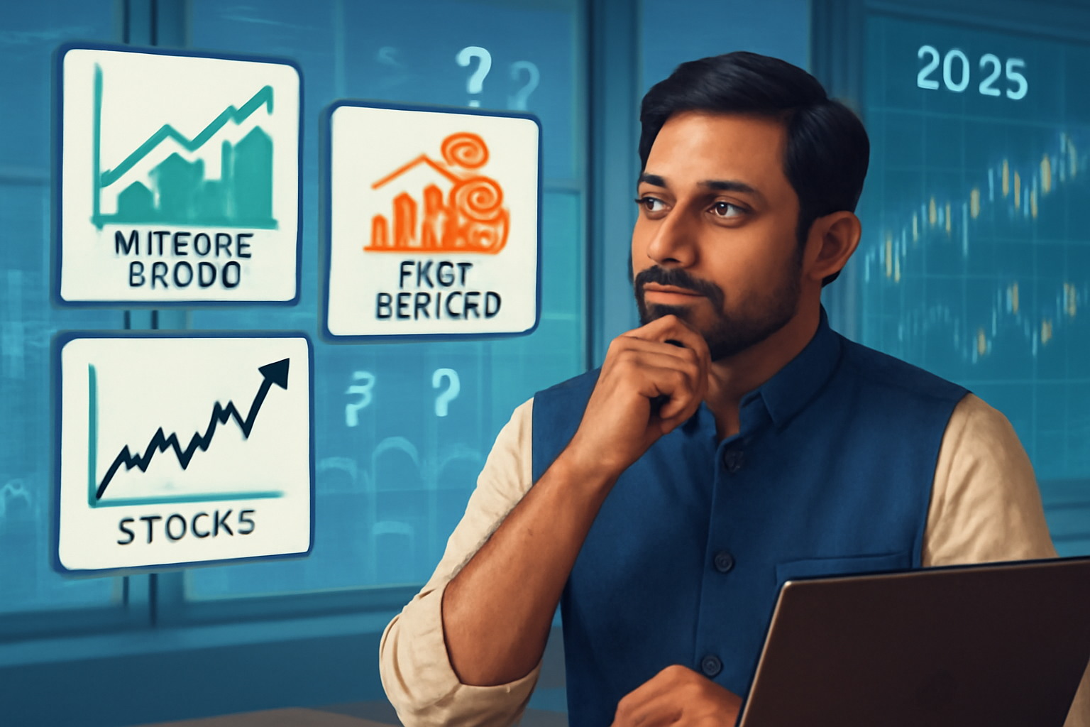 Investor choosing between mutual funds, fixed deposits, and stocks in 2025 tariff scenario.