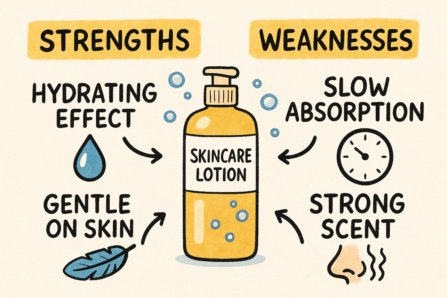 Graphic recording style illustration summarizing strengths and weaknesses of the lotion