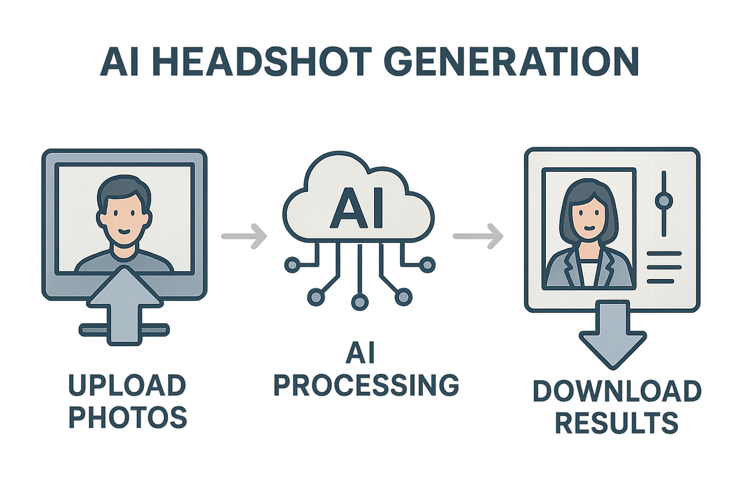 Step-by-step infographic showing how The Multiverse AI transforms selfies into professional headshots