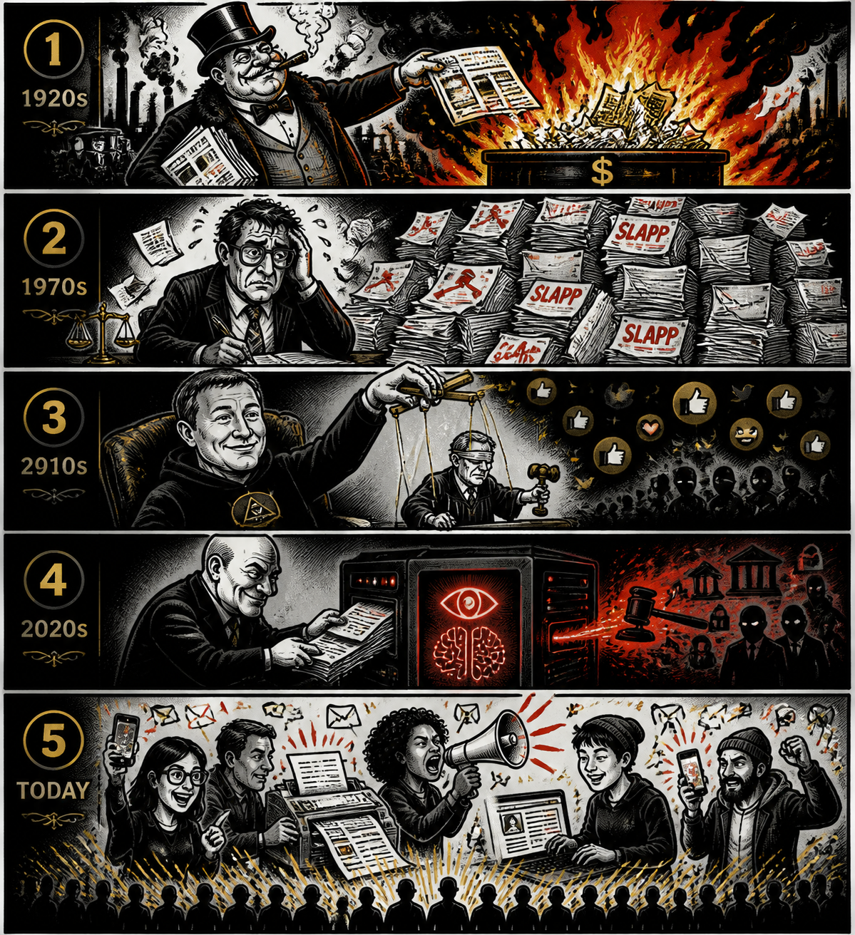 Editorial timeline illustration: from press baron suppression to AI tribunals
