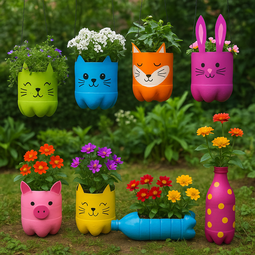 Jardín decorado con maceteros de botellas recicladas