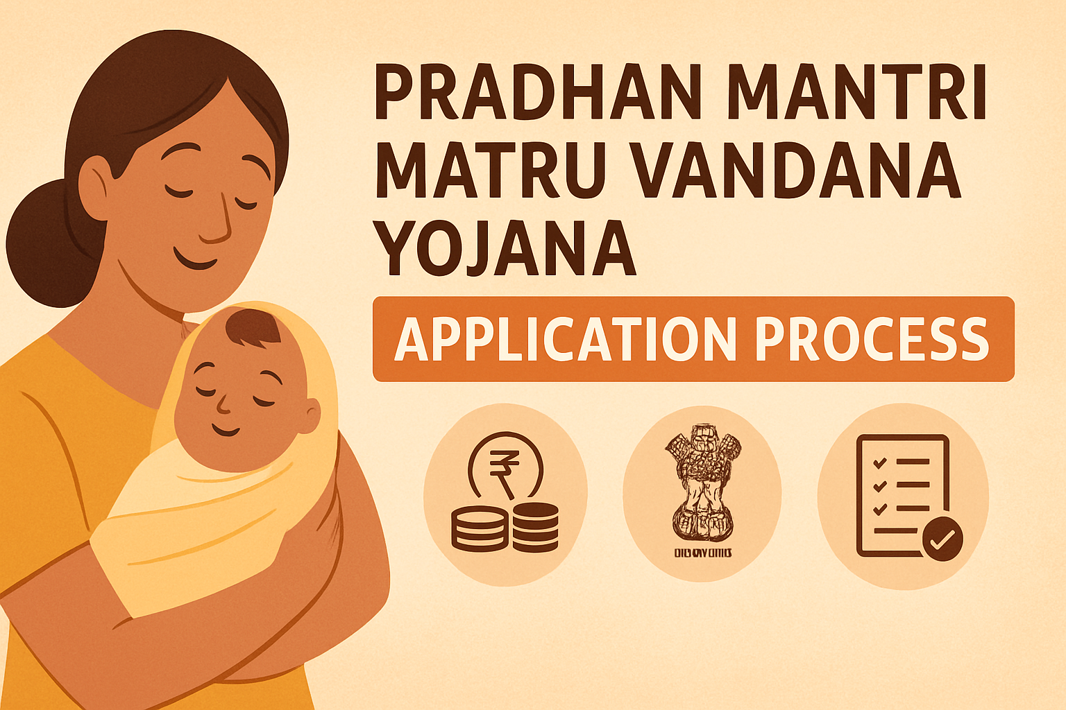 Horizontal thumbnail for PMMVY application process featuring mother, baby, government elements without UMANG app.