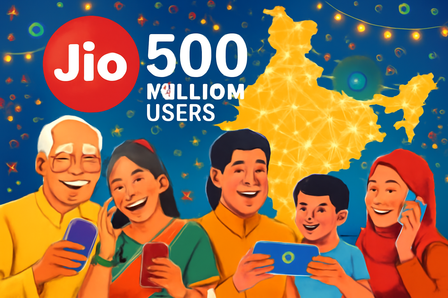 Jio 500 million users celebration digital network and happy users
